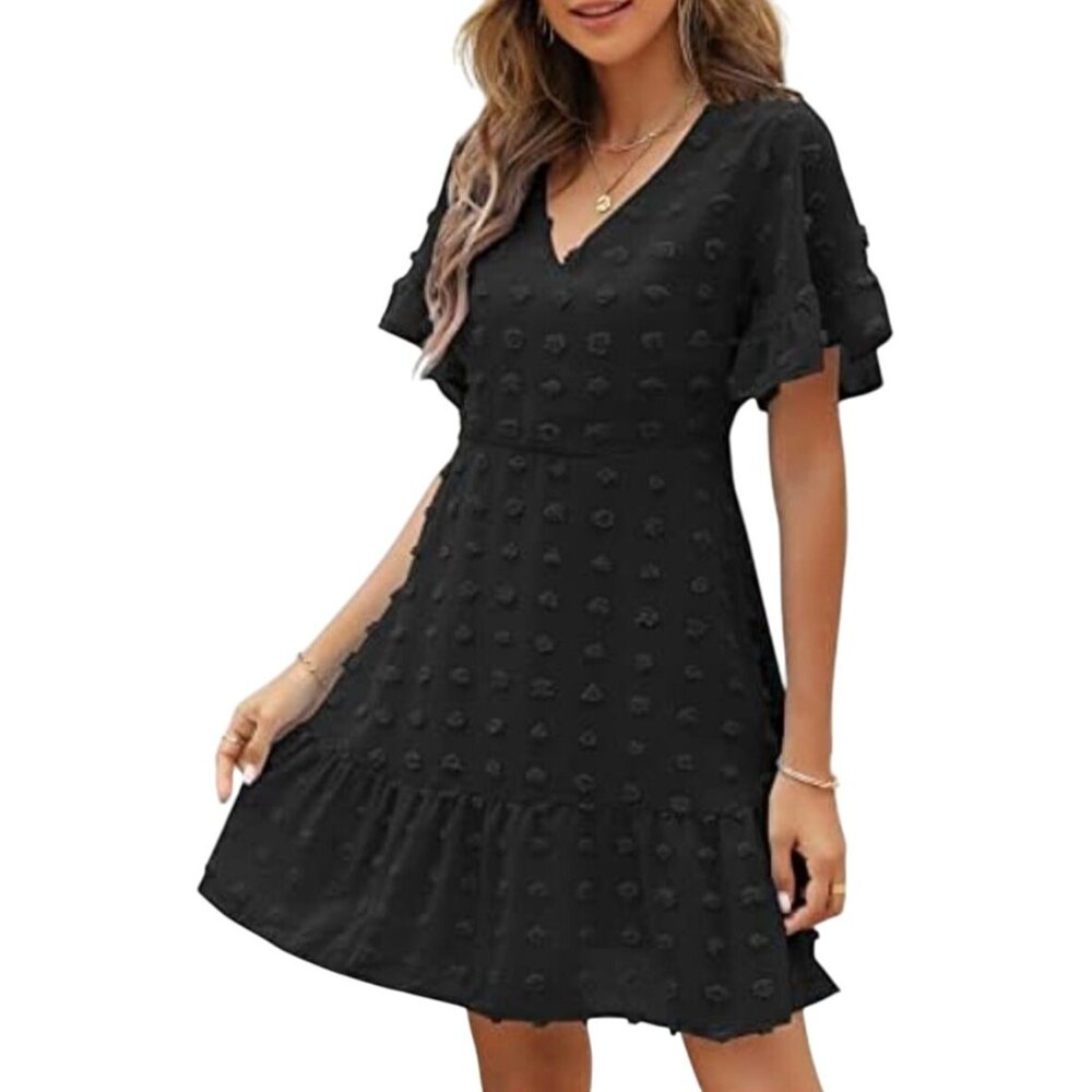 Womens Size S Swiss Dot Textured Black V-Neck Mini Dress W/ Ruffle Hem Casual